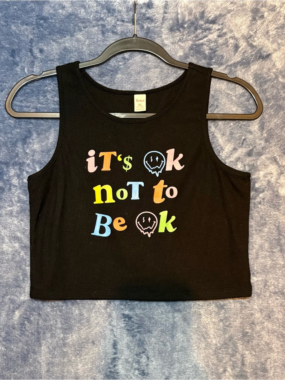 ROMWE Black Ribbed Crop Tank with multicolor lettering